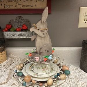 Wooden Standing Bunny Decor with Pastel Accents